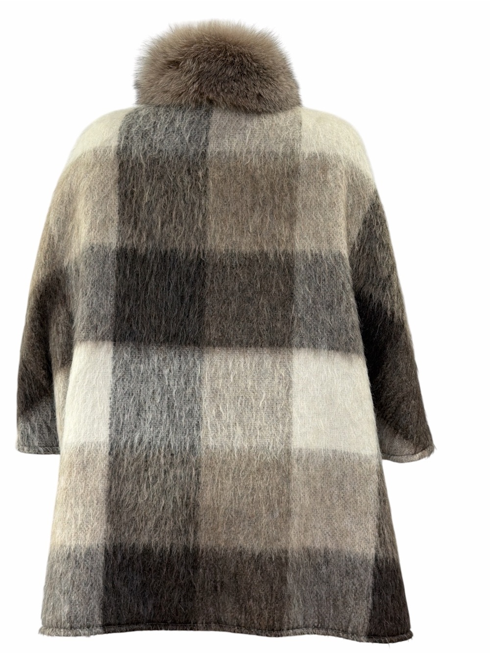 Women's Plaid  Fur Cape Coat in Brown and Cream - Picture 3 of 8